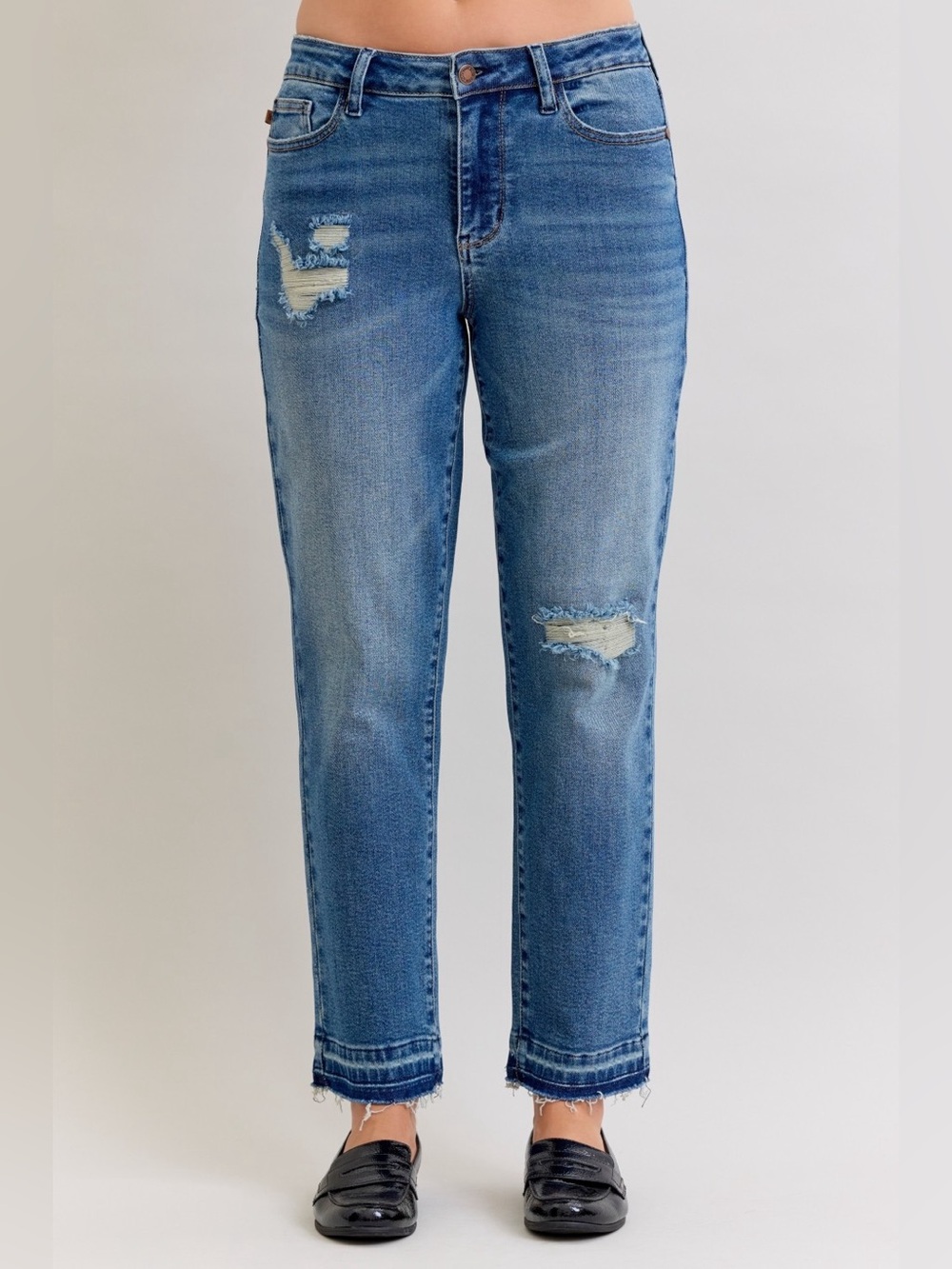 Judy Blue Full Size Mid Rise Bf Patch & Repair Destroy Release Hem Jeans Plus Si